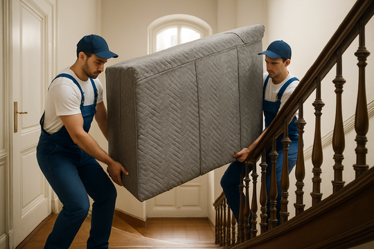 Umzugshelfer in Krefeld beim Tragen von Kartons durch enge Treppe